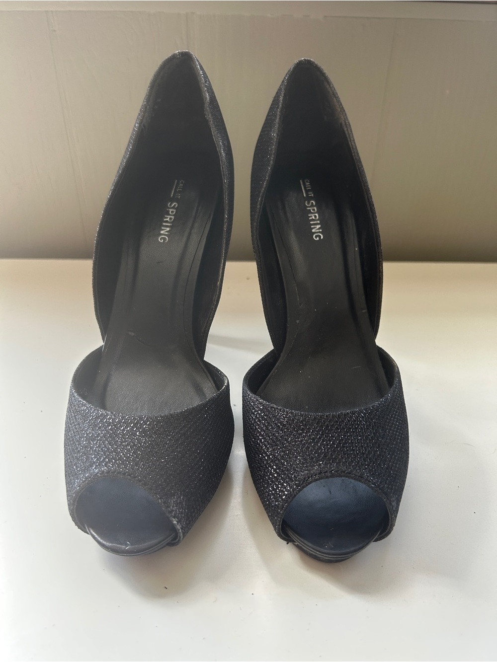 Women's Black Glitter Peep-Toe Heels